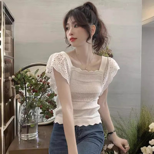 Xiaofei Sleeve Square Collar Hollow Lace Knitted Short-sleeved T-shirt Women's Summer Thin Ice Silk French Slim-fit Short Top