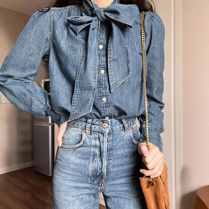 New Rl Laffy Pony Embroidered Bow Tie Long Sleeve Casual Denim Shirt Women's Top Lapel Shirt