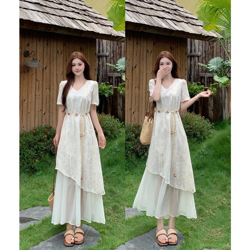 Plus-Size Women's Clothing with Unique Design, Faux Two-Piece Waist-Cinching Dress, New Summer Bohemian Style Long Dress