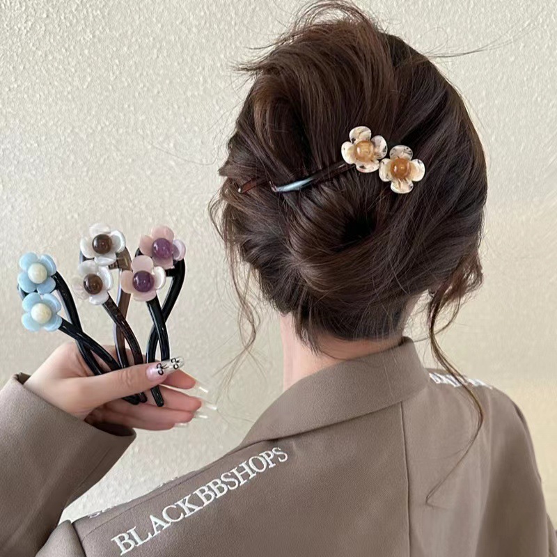 复古气质花朵一字发夹女2024新款后脑勺盘发抓夹扭扭夹子头饰发卡