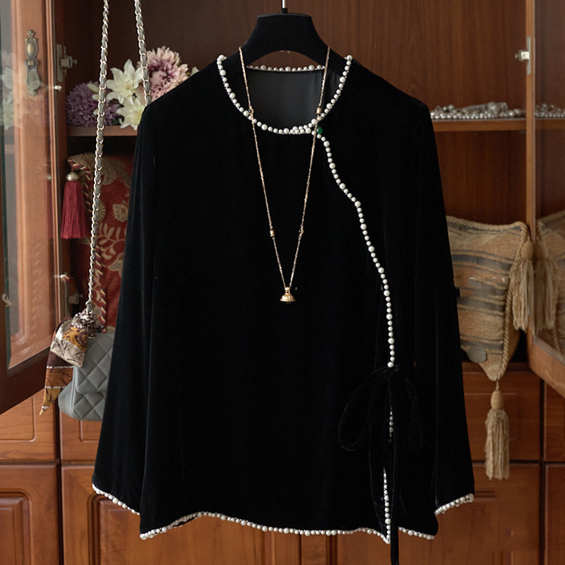 Damenbekleidung Luxuriöses Kleid mit damenhaftem Temperament, Perlenkragen, schrägem Kragen und Krawatte, lockere Hemdjacke aus Seidensamt_voghion.com