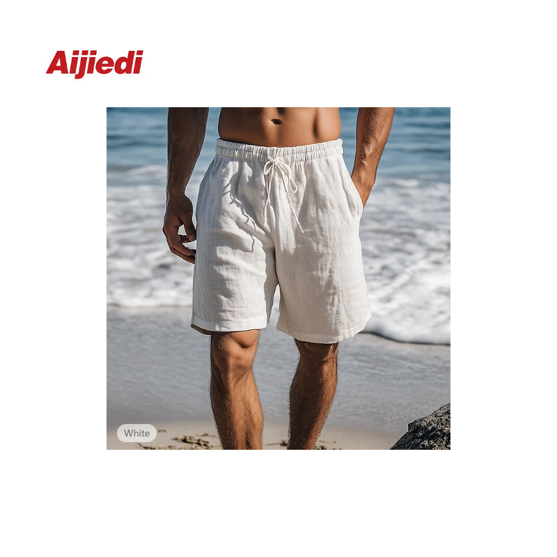 Drawstring Solid Color New 2025 Breathable Daily Straight-Leg Casual Mid-Length Shorts Five-Point Cotton-Linen Beach Shorts with Elastic Waist