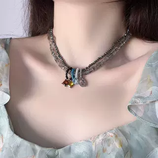法式轻奢多层串珠项链女小众设计感彩色吊坠锁骨链高级感颈饰
