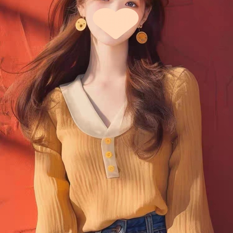 Early autumn new fashionable high-end chic small shirt French Korean age-reducing good-looking yellow spliced ​​long-sleeved top for women