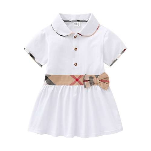 2024 New Arrival Girls' Collared Preppy-Style Skirt: Short-Sleeve Knitted Dress in Pure Cotton