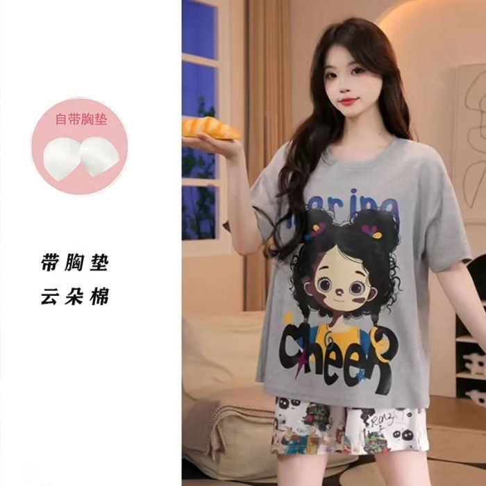 Pijamas transfronterizos al por mayor con almohadillas para el pecho, pantalones cortos de manga corta para mujer