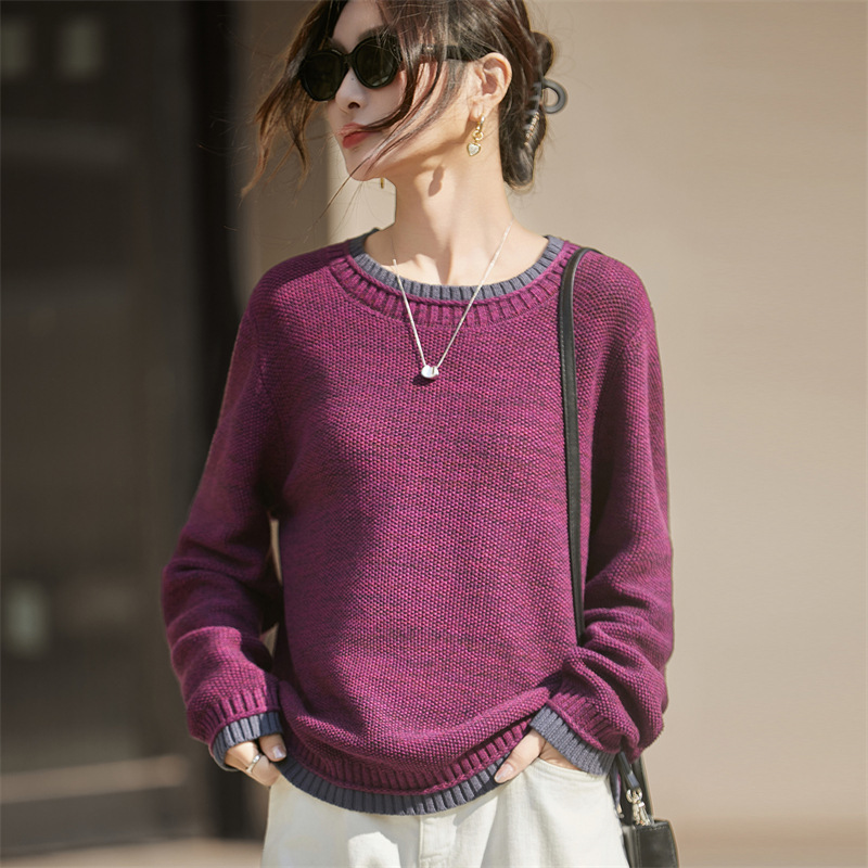2025 New Autumn and Winter Cotton Thickeneded Round Neck Knitwear Long-Sleeved Floral Yarn Color Matching Loose Bottoming Shirt Top for Women