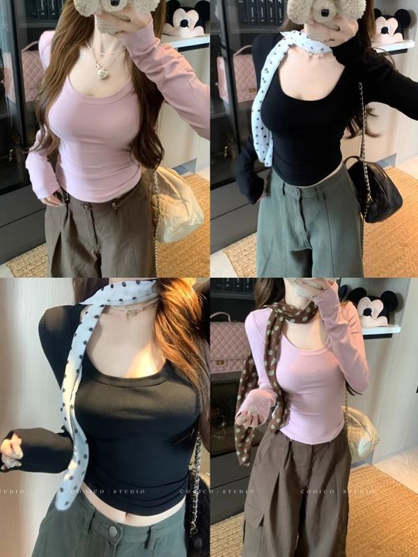 设计感长袖打底衫女2025新款早秋黑色t恤修身短款巨好看轻熟上衣|undefined