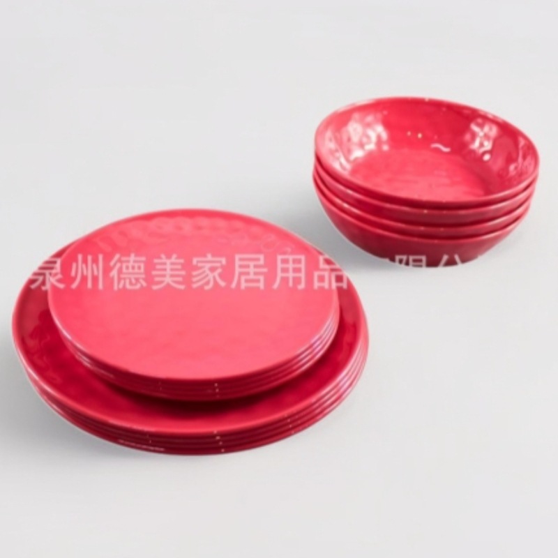 洋红色仿瓷美耐皿盘碗餐具 凹凸面麻点设计密胺盘碗12头套装