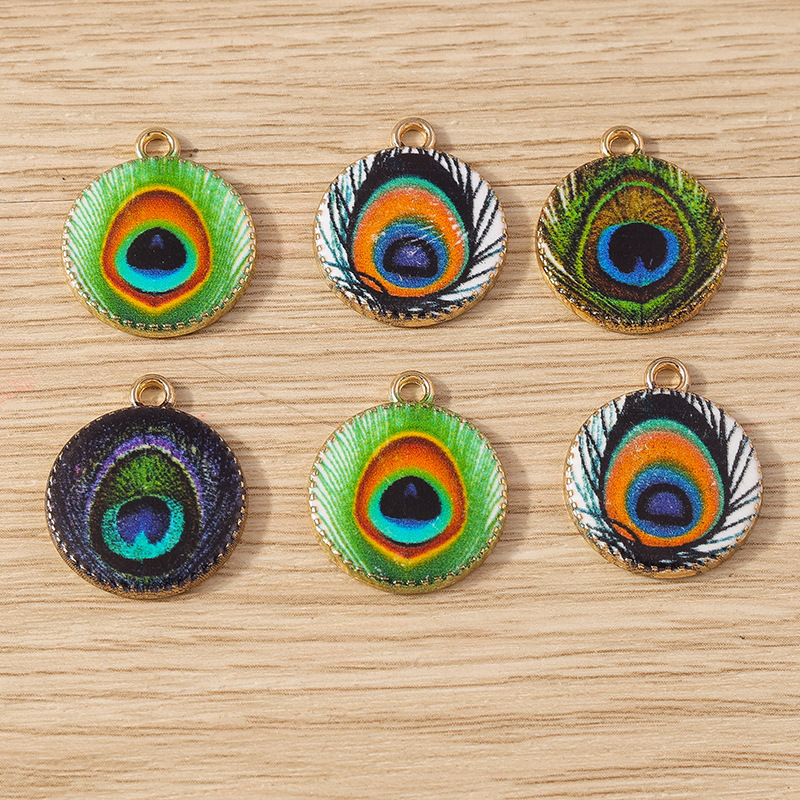10 pcs/pack new alloy round brand peacock feather accessories DIY creative bracelet keychain earrings pendant