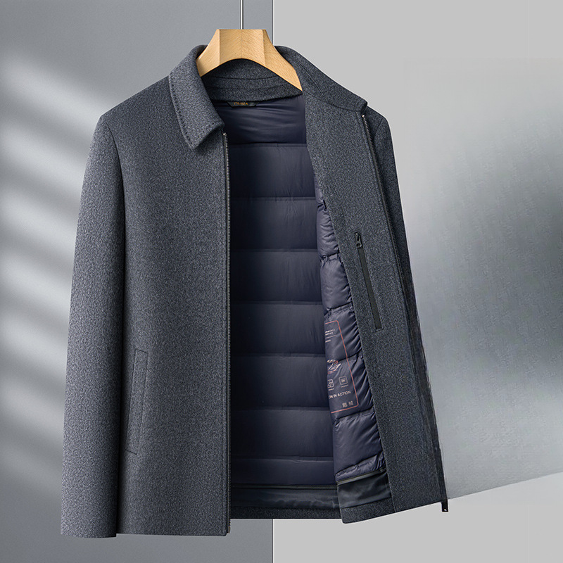 Cross-Border Men's Light Luxury Cashmere Wool Mulberry Silk Woolen Lapel Jacket for Middle-Aged Men, Casual and Warm with Goose down Lining Cross-Border Men's Light Luxury Cashmere Wool Mulberry Silk Woolen Lapel Jacket for Middle-Aged Men, Casual and Warm with Goose down Lining