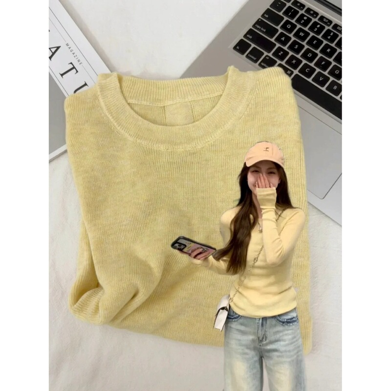 Yellow Round-Neck Dopamine Knit Long-Sleeve Women's 2026 Spring Slim-Fit Youthful Base Layer Top