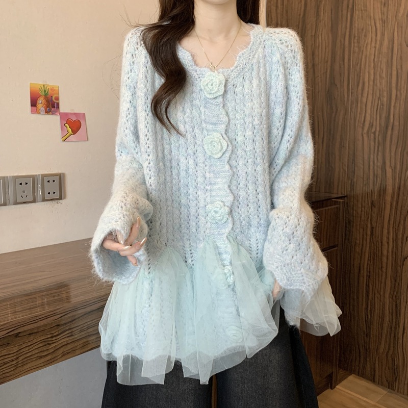 立体花朵长袖针织衫毛衣女春秋新款大码胖显瘦法式网纱拼接上衣|undefined