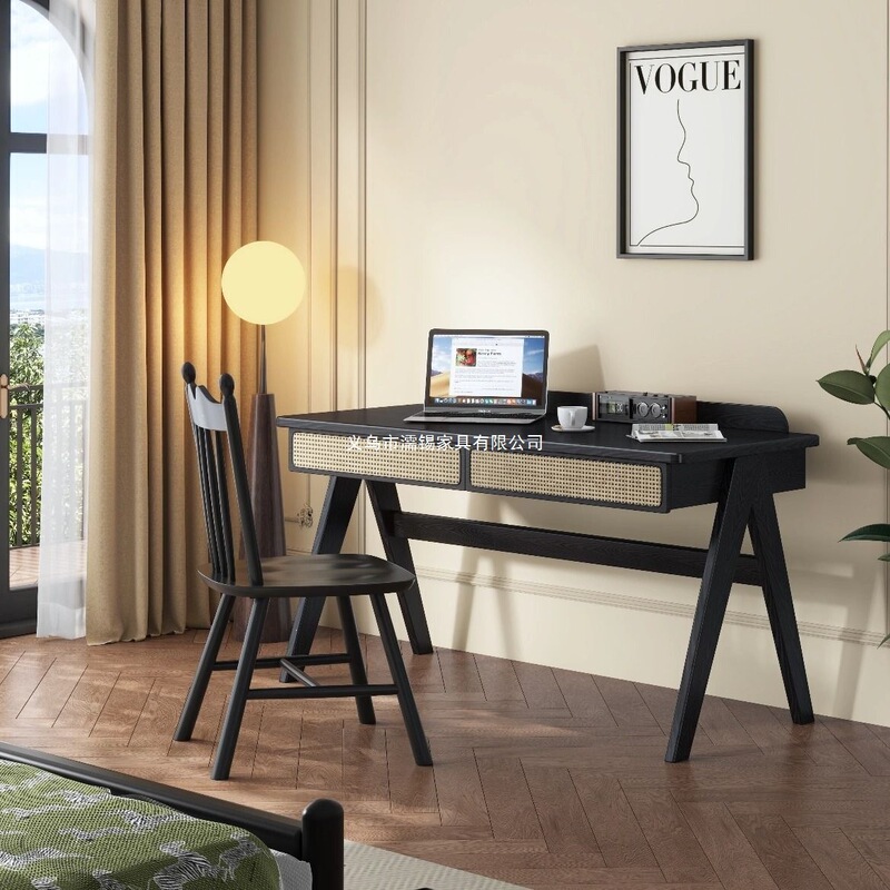 Retro-style solid ash wood desk for study, office, and home use, black light-luxury rattan study and computer table