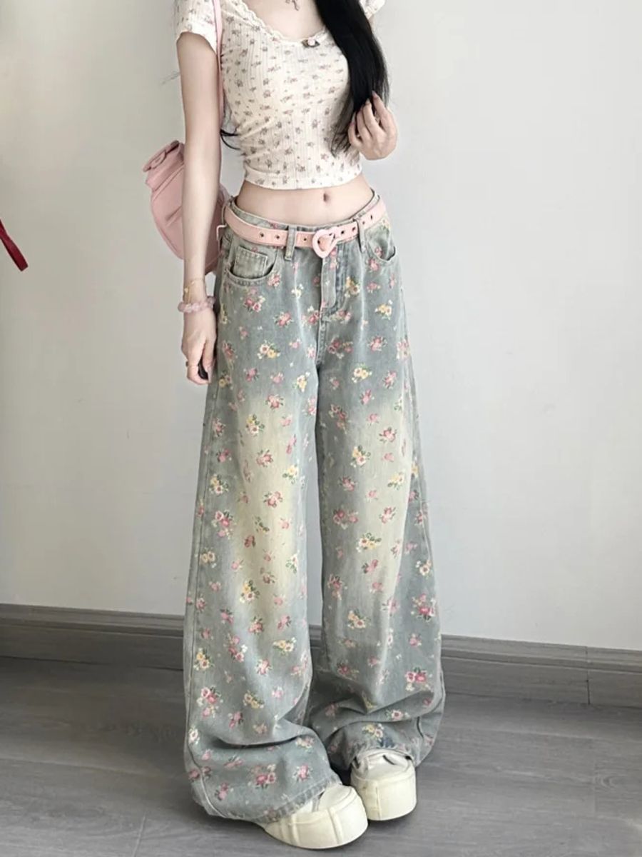 Damen Jeans Mit Blumenmuster Vintage Schnitt Hohe Taille Weit_voghion.com