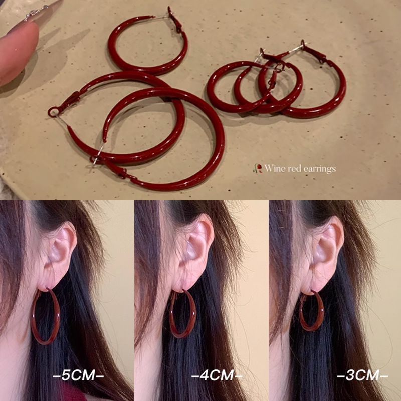 Retro Hong Kong style Ankora red earrings autumn and winter flat ring earrings women's high-end earrings feminine earrings earrings