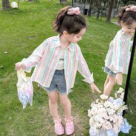 女童夏装防晒衣条纹衬衫新款儿童长袖衬衣外穿户外服夏季外套