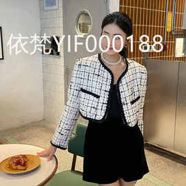 深圳南油高端女装欧美小香风黑色镶边编织花呢格纹气质名媛短外套