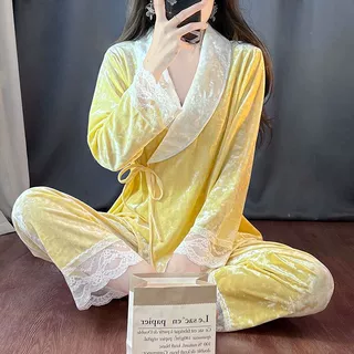 金丝绒睡衣女士翻领春秋冬季简约长袖长裤时尚开衫大码家居服套装