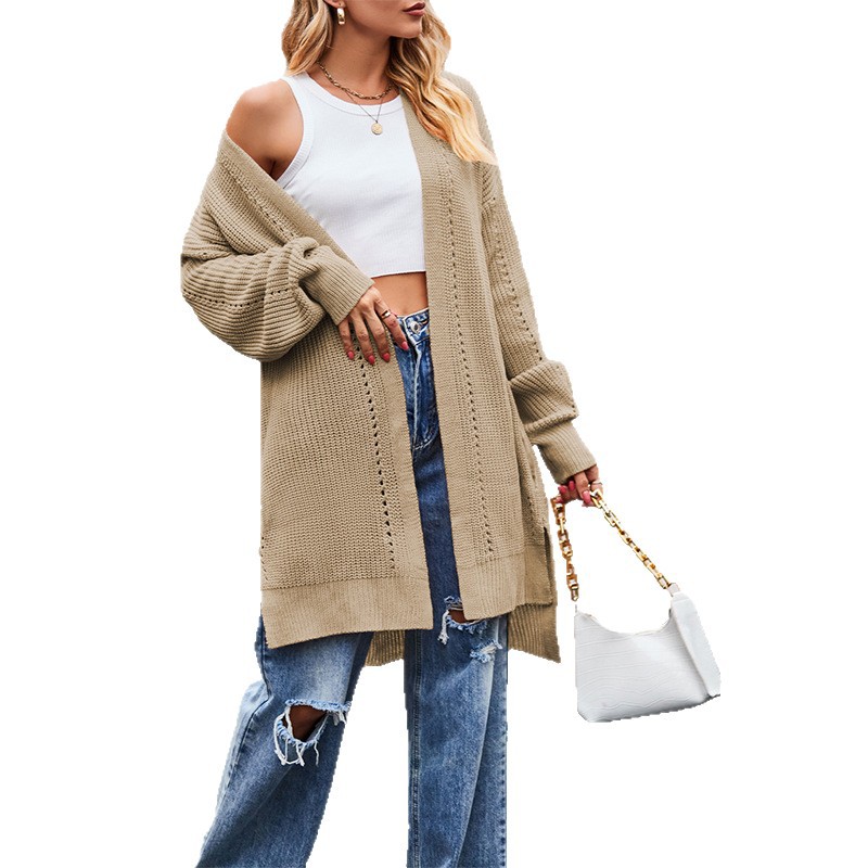 Suéter Nuevo de Otoño e Invierno 2025 para Mujer, Estilo Europeo y Americano, Color Sólido, Cárdigan Holgado de Punto con Bolsillos, Chaqueta