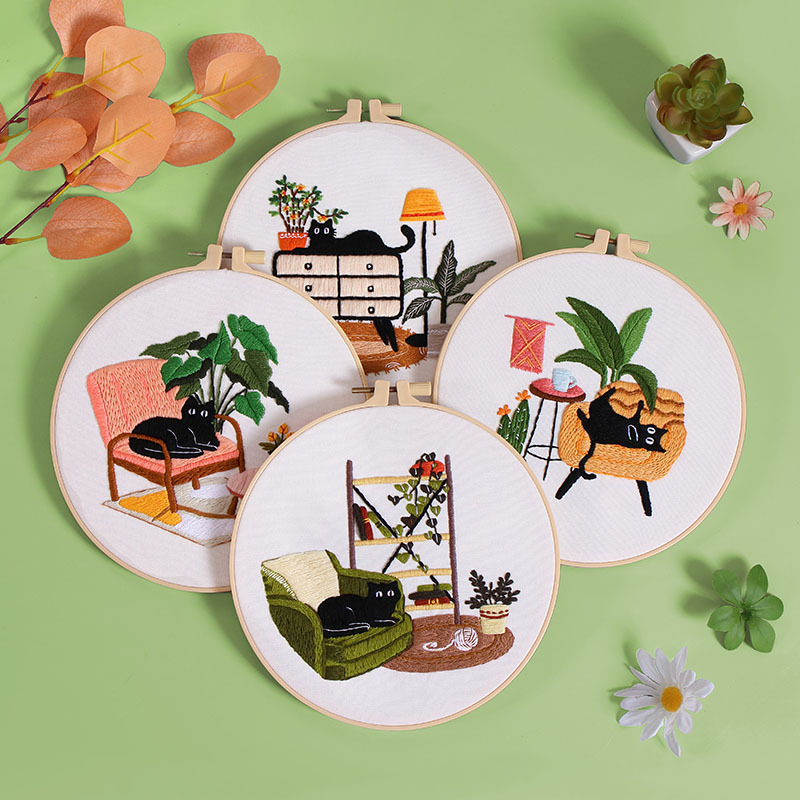 Nuevo original DIY hecho a mano bordado material paquete vacaciones gato negro gato flores y plantas ventana sofá inglés transfronterizo