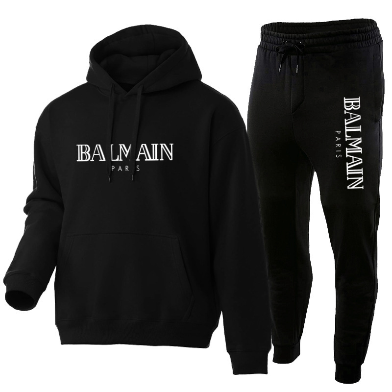 European and American Fleece Men's Sweatshirt Suit Balmain Sports Sweatshirt and Sweatpants Cross-Border Men's and Women's Casual Hooded Suit