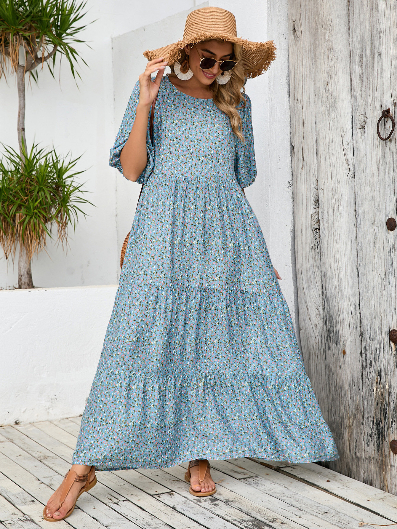 European And American Cross-border Foreign Trade Middle Eastern Robe, Loose-fitting Round-neck Mid-sleeve Dress,_ecoleips.com