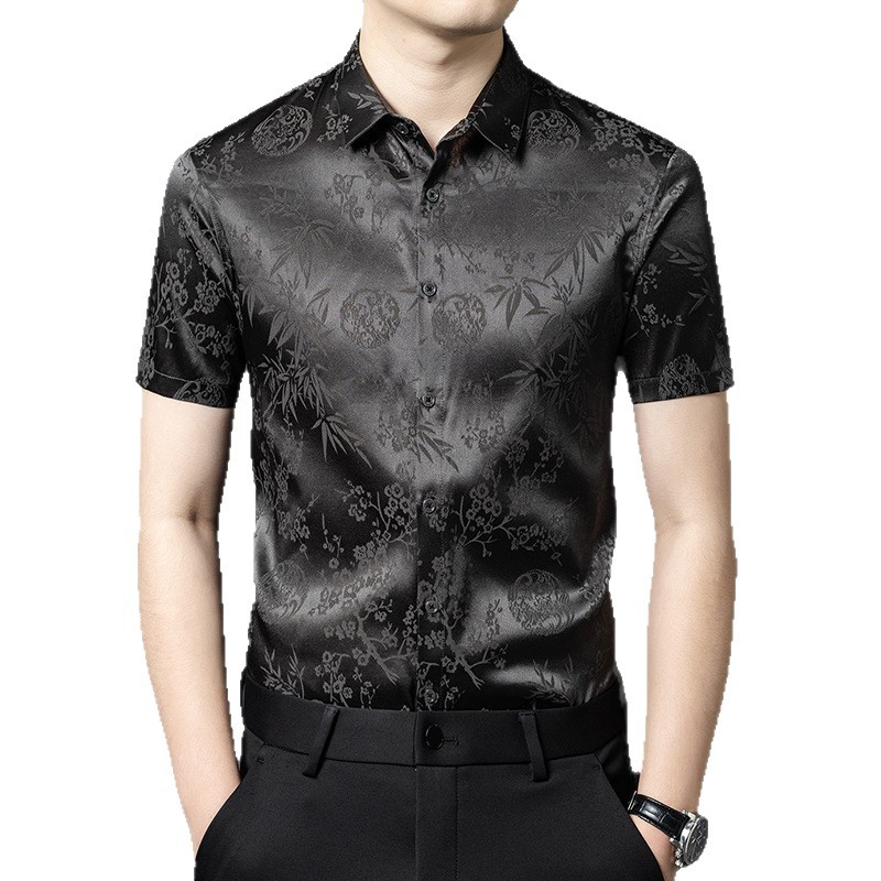 Áo sơ mi nam tay ngắn cổ bẻ lụa satin cao cấp — Màu xám HT2192