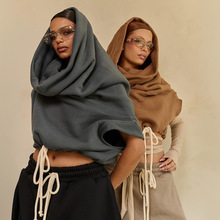 D25TP430欧美女装秋冬新款纯色休闲大领无袖撞色抽绳连帽卫衣上衣