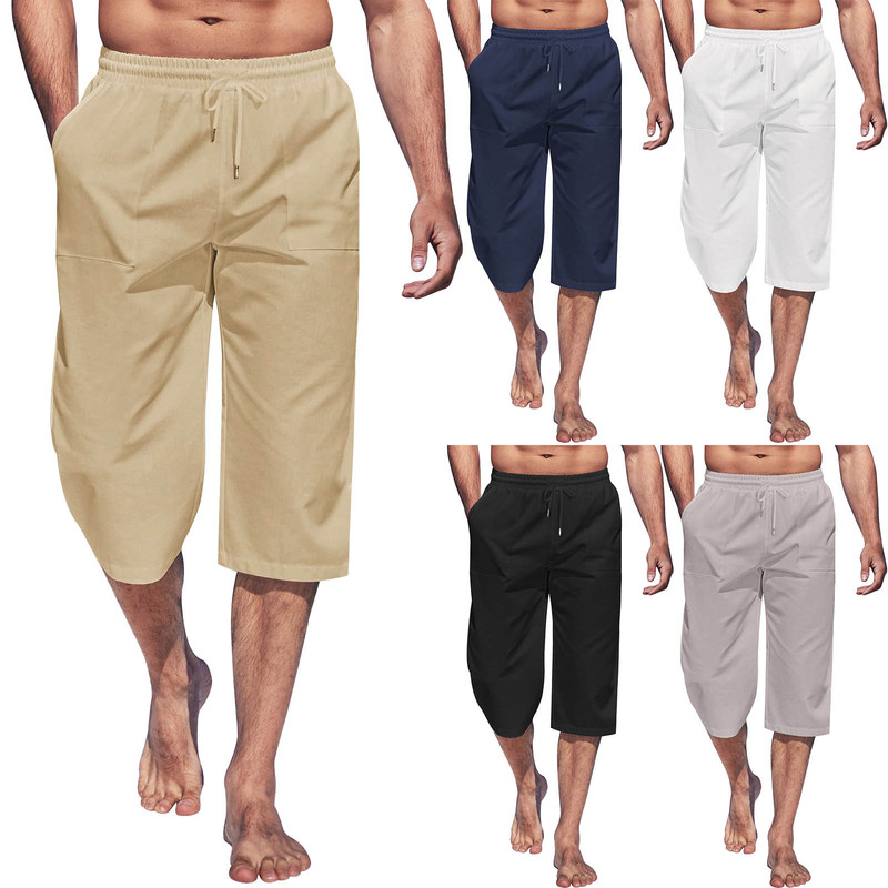 Cross-border hot men's cropped pants casual light cropped pants drawstring elastic waist beach yoga pants with pocket Cross-border hot men's cropped pants casual light cropped pants drawstring elastic waist beach yoga pants with pocket