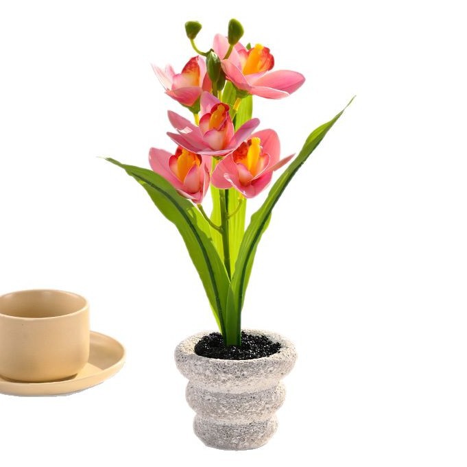 Bonsái de Cymbidium Artificial de 5 Cabezas, Flor de Seda, Decorativo, para Hogar y Estudio Fotográfico