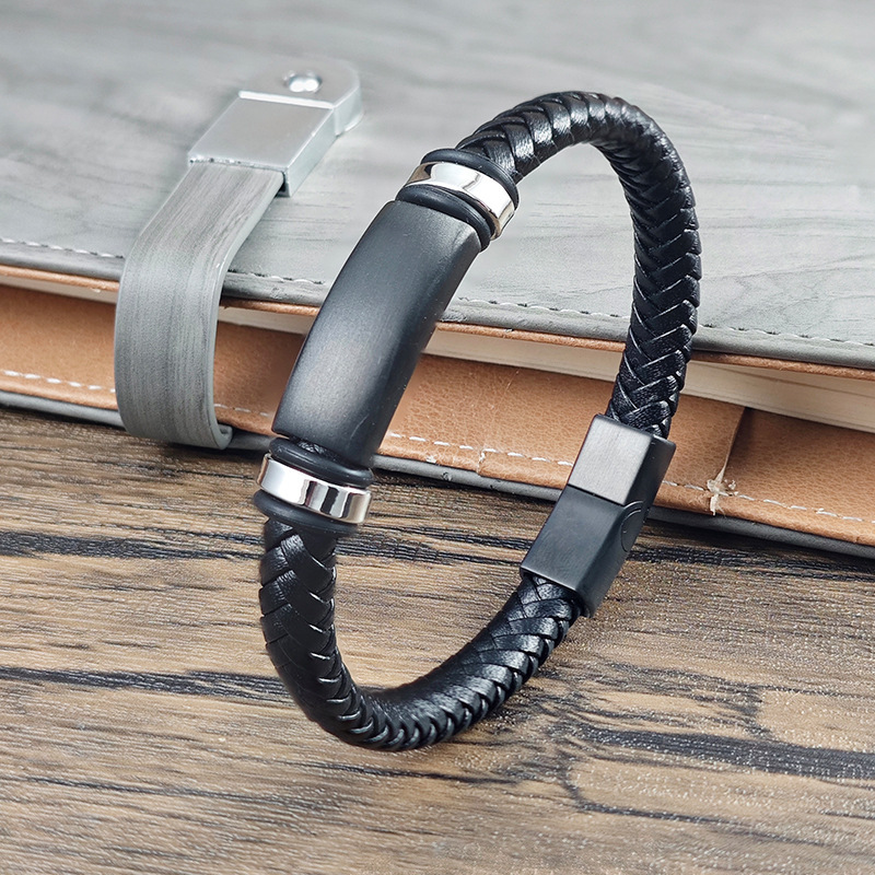 Personalized Cross-Border Popular Men's Woven Leather Bracelet with Matte Black Titanium Steel Accessories and Magnetic Clasp Personalized Cross-Border Popular Men's Woven Leather Bracelet with Matte Black Titanium Steel Accessories and Magnetic Clasp