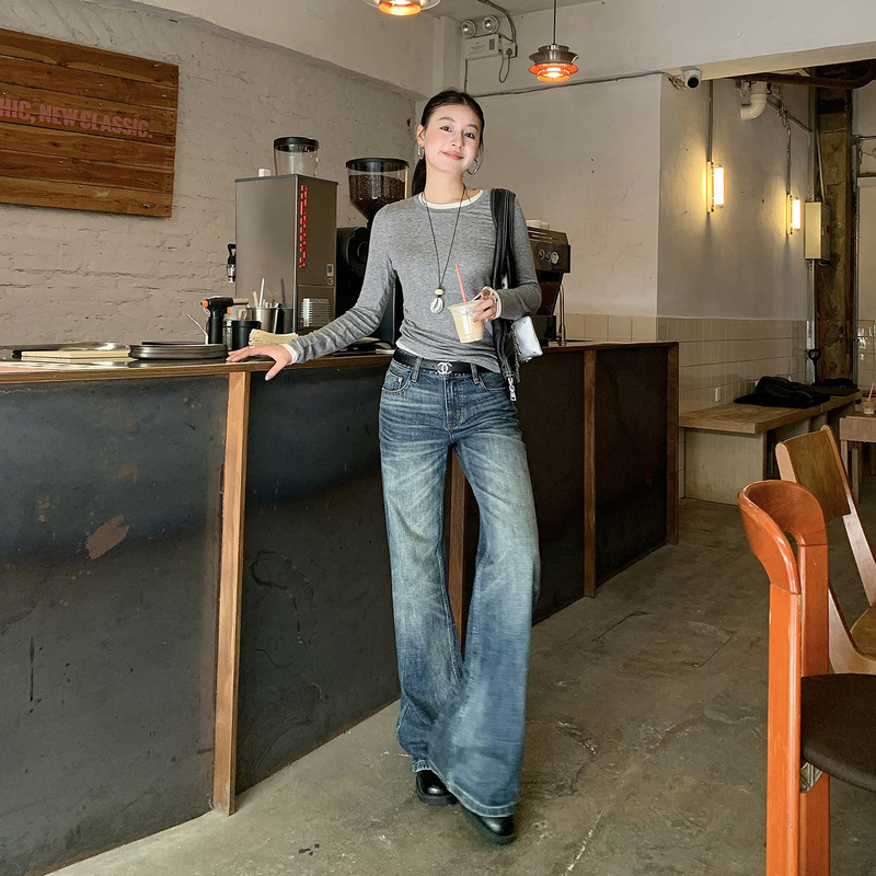 【Jinyin】New American Retro Washed Vintage Mid-Low Waist Non-Elastic Slightly Loose Flared Floor-Length Jeans for Women