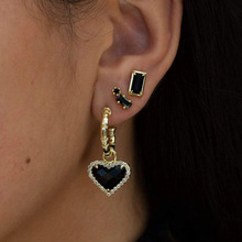 鑲鑽黑色愛心耳環女925銀針歐美個性耳掛式設計感娜扎同款耳飾