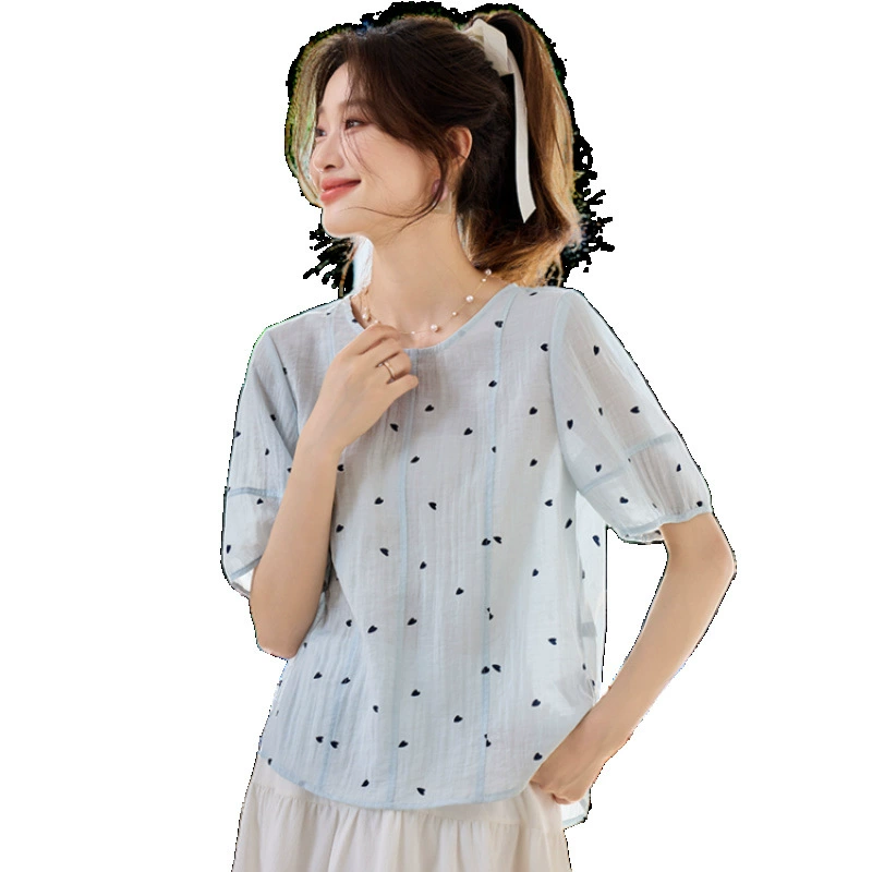 Женская рубашка с круглым вырезом и принтом в виде сердца в европейском стиле, летняя свободная посадка, привлекательный широкий топ-бебидолл.