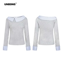 UNBDNS长袖女拼接不规则翻领假两件花灰色修身斜肩上衣秋内搭ins