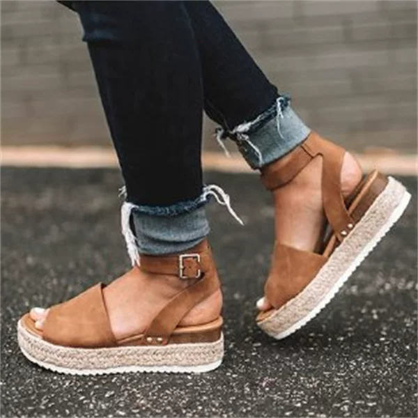 Foreign trade plus size women's shoes thick-soled women's sandals with buckle wedge hemp rope light-soled thick-soled high-heeled sandals Women's European and American style