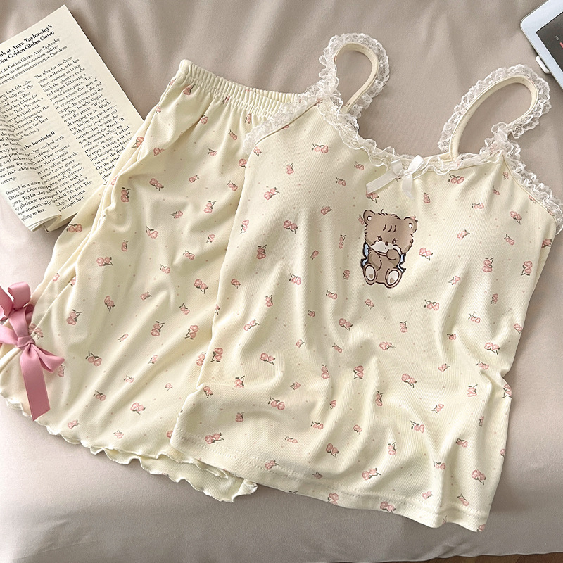 Bear Pajamas Women's 2025 New Summer Imitation Cotton Suspenders Sexy Two-Piece Set with Breast Pads Summer Home Clothes Thin