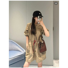 25年新しい巾着弾性ウエスト再生生地スプライスニットラペル大きな裾カジュアルドレス婦人服メーカー