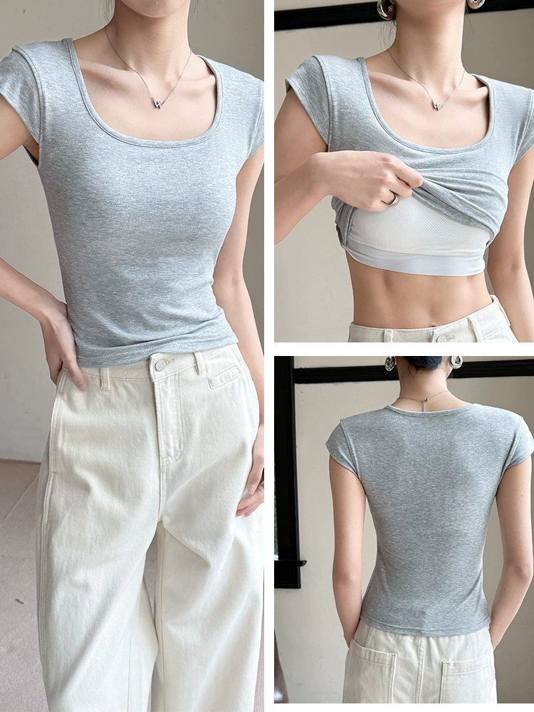 Breathable silk base trend tank top, square neckline, slim fit, with short sleeve