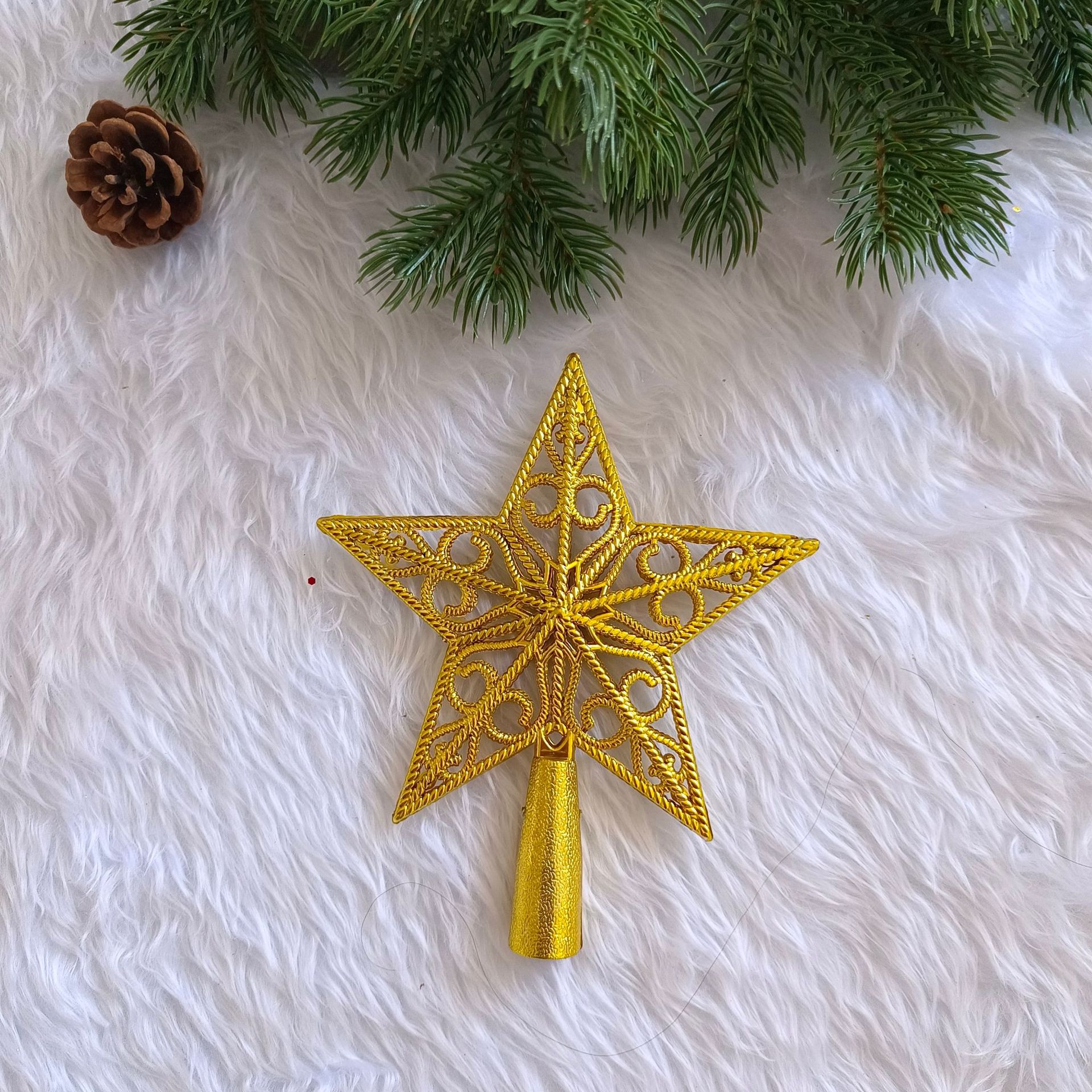 Estrella de cinco puntas brillante de plástico para la cima del árbol, adornos y colgantes navideños pequeños