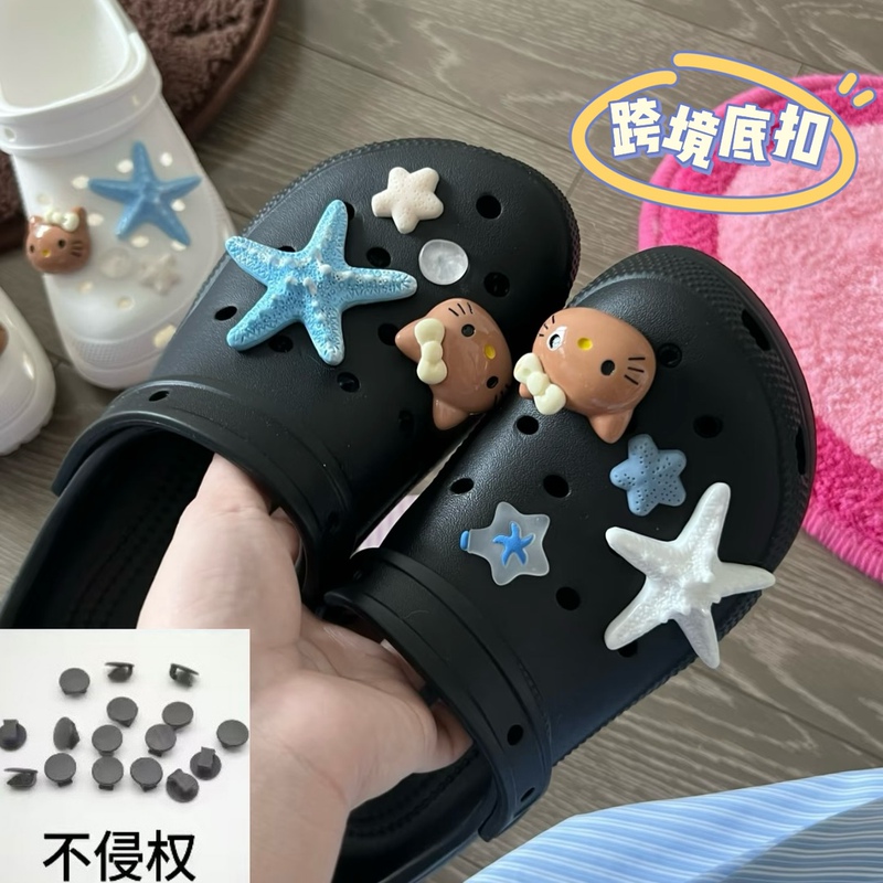 Summer Black Leather Kt Cat Hello Kitty Ocean Clogs Shoes Flower Shoe Buckle Starfish Cute Removable DIY Decoration
