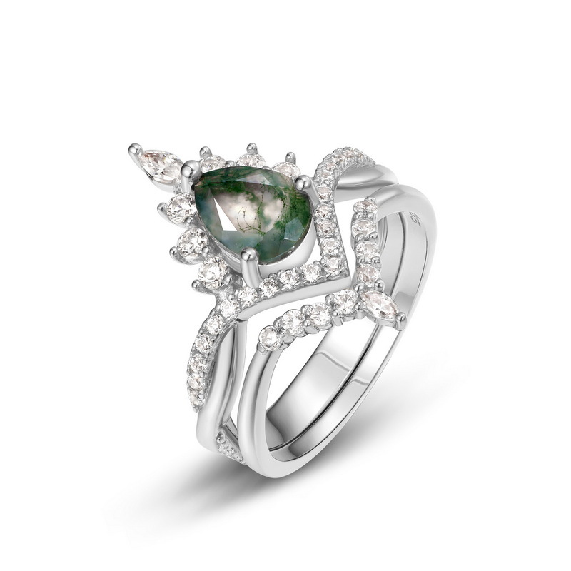 Anillo de plata S925 exclusivo de Amazon para mujer, con musgo verde, anillos de pareja con ágata de planta acuática, circonita versátil de moda europea y americana