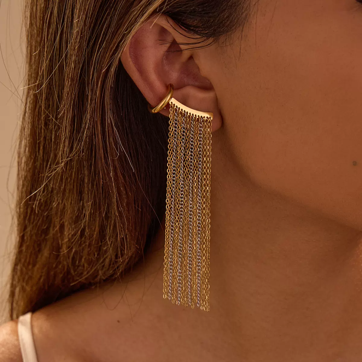 尼迈INS小众设计感耳夹拼色链条流苏耳钉