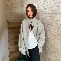 广州十三行2025秋韩系休闲纯色宽松遮肉中长翻领风衣外套女02833