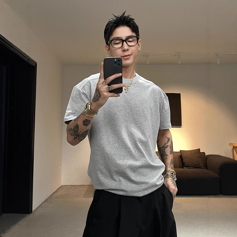 melange gray Shoulder Short-sleeved Men's Summer cleanfit Heavy-weight Small-neckline T-shirt American Style Fashion Brand Slim-fit Half-sleeve