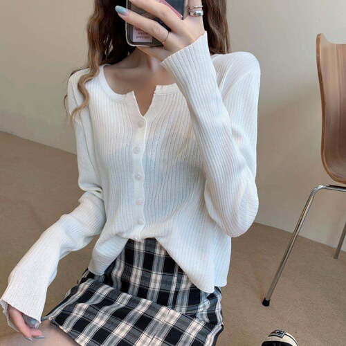 Spring and Autumn Year Korean Version Stylish and Gentle Knit Top for Women, Long-Sleeved Base Cardigan, Short-Sleeve Open Top