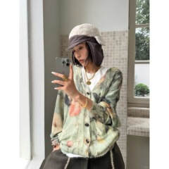 25SS YB开/1折起 小众设计 复古花卉印花亚麻开衫ins风辣妹V领女