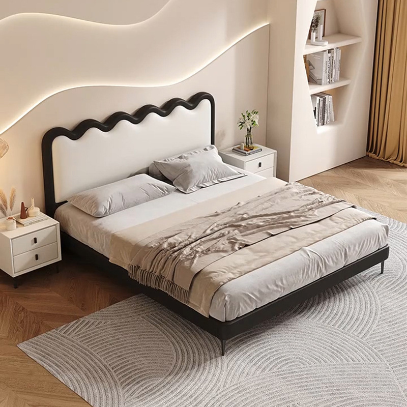 Cama de ondulación francesa retro crema moderna y minimalista para niñas cama de dormitorio princesa cama de cuero doble cama principal cama de matrimonio