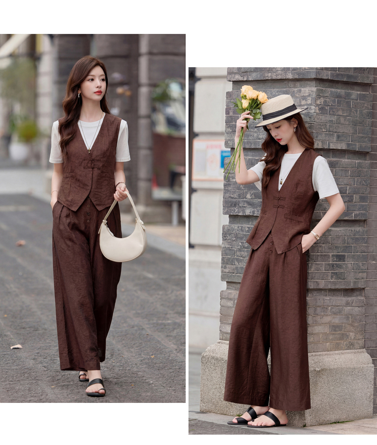 Bộ quần áo nữ hai mảnh gồm áo vest cổ V và quần ống rộng phối đồng bộ — Đỏ nâu, Xanh lông mòng đen chi tiết 22